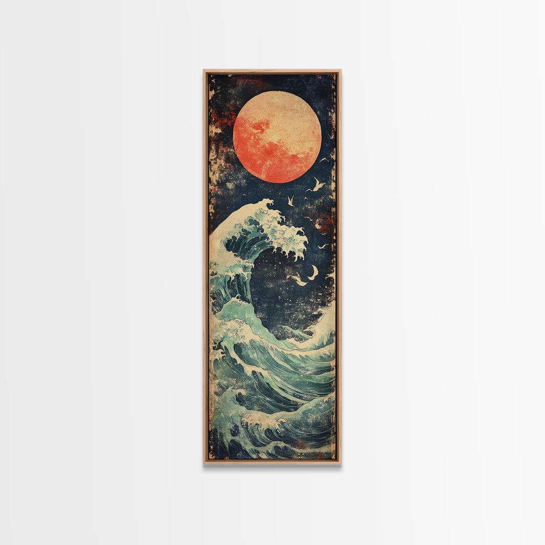 Full Moon Ocean Wave With Birds Framed Canvas Print, Japanese Coastal Wall Art For Beach House Decor And Moody Bedroom Decor