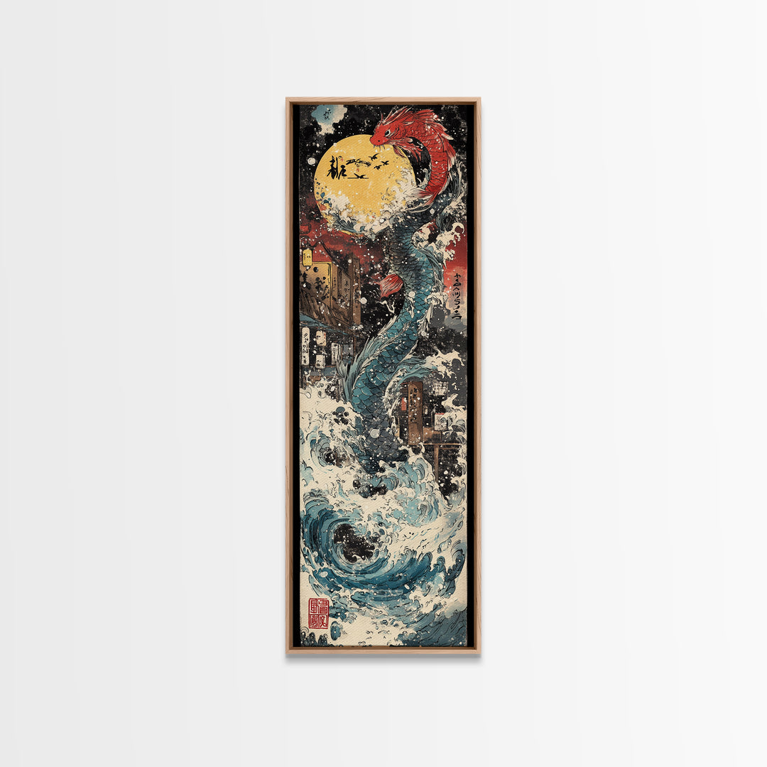 Red Dragon Moon And Crashing Waves Wall Art, Japanese Fantasy Sea Monster Canvas Print, Ukiyo E Ocean Decor Gift For Living Room