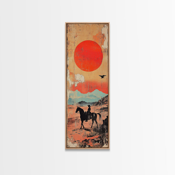 Horse Rider Under Red Sun Wall Art, Western Desert Landscape Canvas Print, Japanese Inspired Southwestern Living Room Home Decor