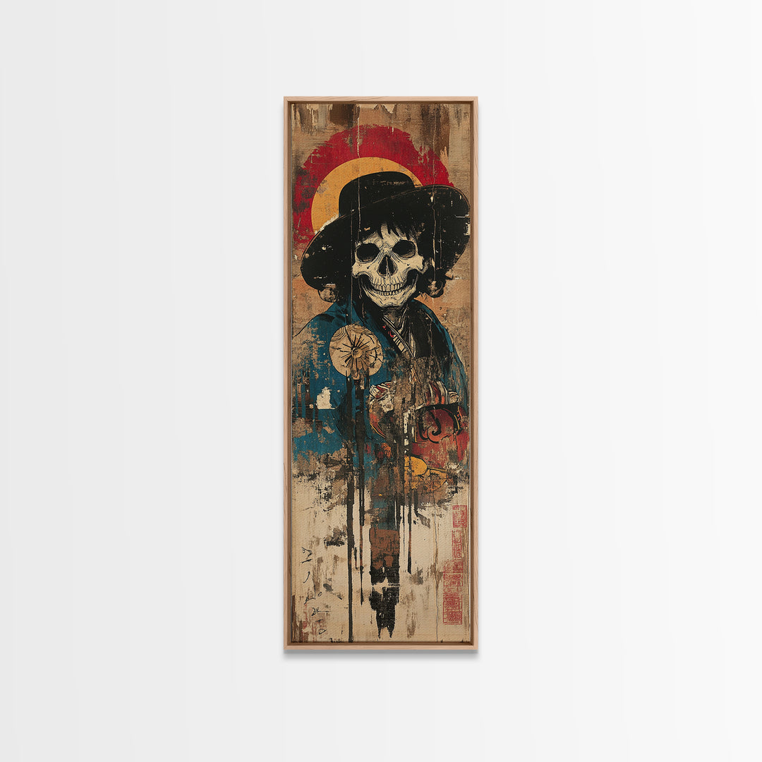 Skeleton Samurai With Red Halo Wall Art, Japanese Gothic Canvas Print, Dark Academia Decor, Macabre Warrior Gift For Him