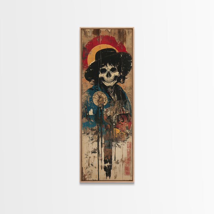 Skeleton Samurai With Red Halo Wall Art, Japanese Gothic Canvas Print, Dark Academia Decor, Macabre Warrior Gift For Him