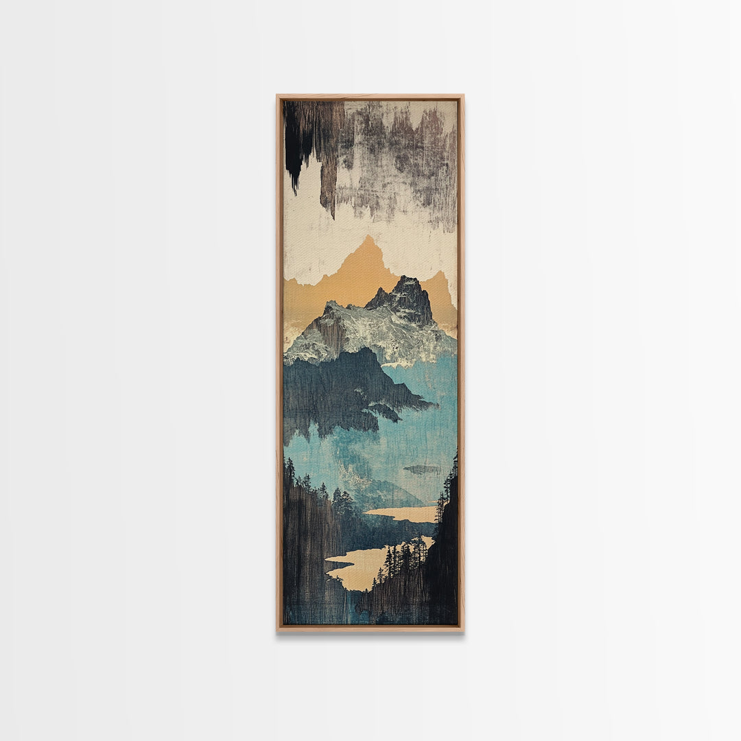 Misty Mountain Lake And Pines Wall Art, Japanese Landscape Canvas Print, Neutral Nature Decor, Large Vertical Art For Cabin