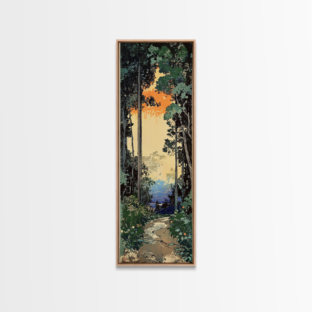 Sunlit Forest Path To Blue Water Wall Art, Japanese Nature Canvas Print, Green Woodland Decor, Calming Landscape Gift Idea