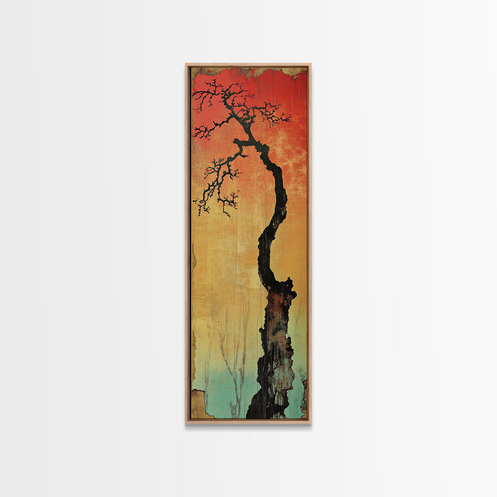 Lone Twisted Tree At Red Sunset Wall Art, Japanese Landscape Canvas Print, Moody Nature Decor, Minimalist Rustic Art For Cabin