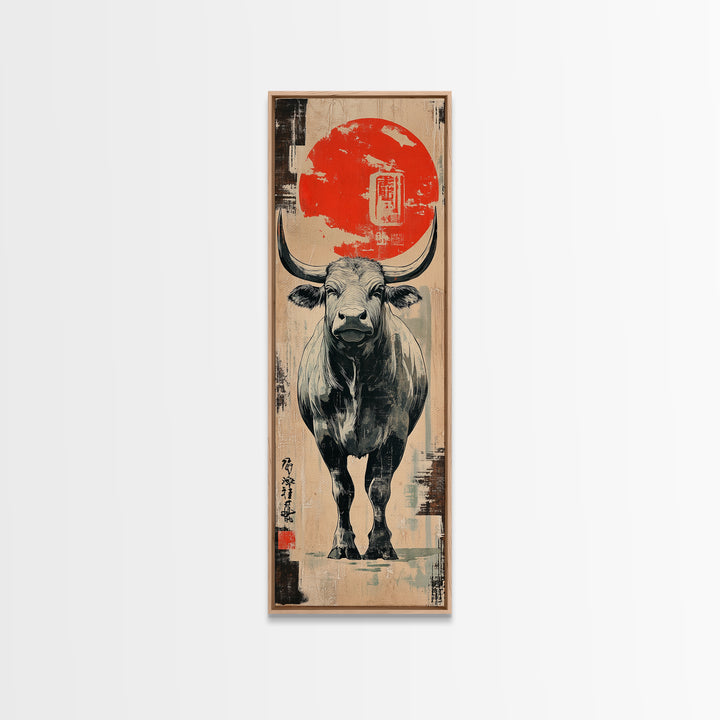 White Bull Beneath Rising Red Sun Wall Art, Japanese Animal Canvas Print, Rustic Farmhouse Decor, Bold Western Gift For Him