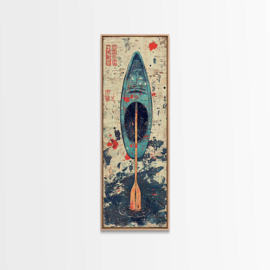 Blue Kayak Paddle On Ocean Waves Wall Art, Japanese Coastal Canvas Print, Nautical Decor, Beach House Decor Gift For Her