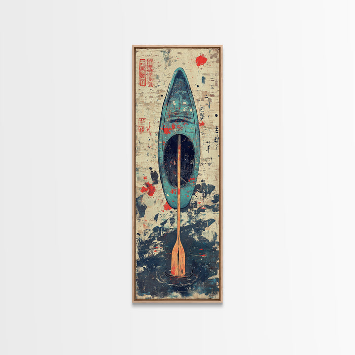 Blue Kayak Paddle On Ocean Waves Wall Art, Japanese Coastal Canvas Print, Nautical Decor, Beach House Decor Gift For Her
