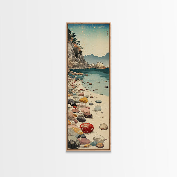 Turquoise Pebble Beach Wall Art, Coastal Mountain Cove Print, Ocean Landscape Decor, Nautical Canvas Print, Beach House Gift