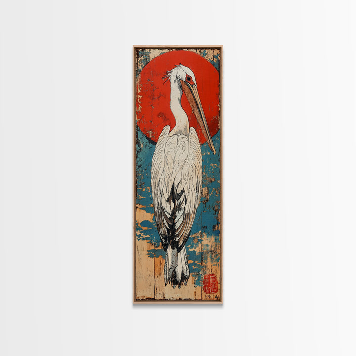 White Pelican Wall Art, Japanese Red Sun Bird Print, Coastal Wildlife Art, Asian Inspired Decor, Nautical Framed Canvas Print