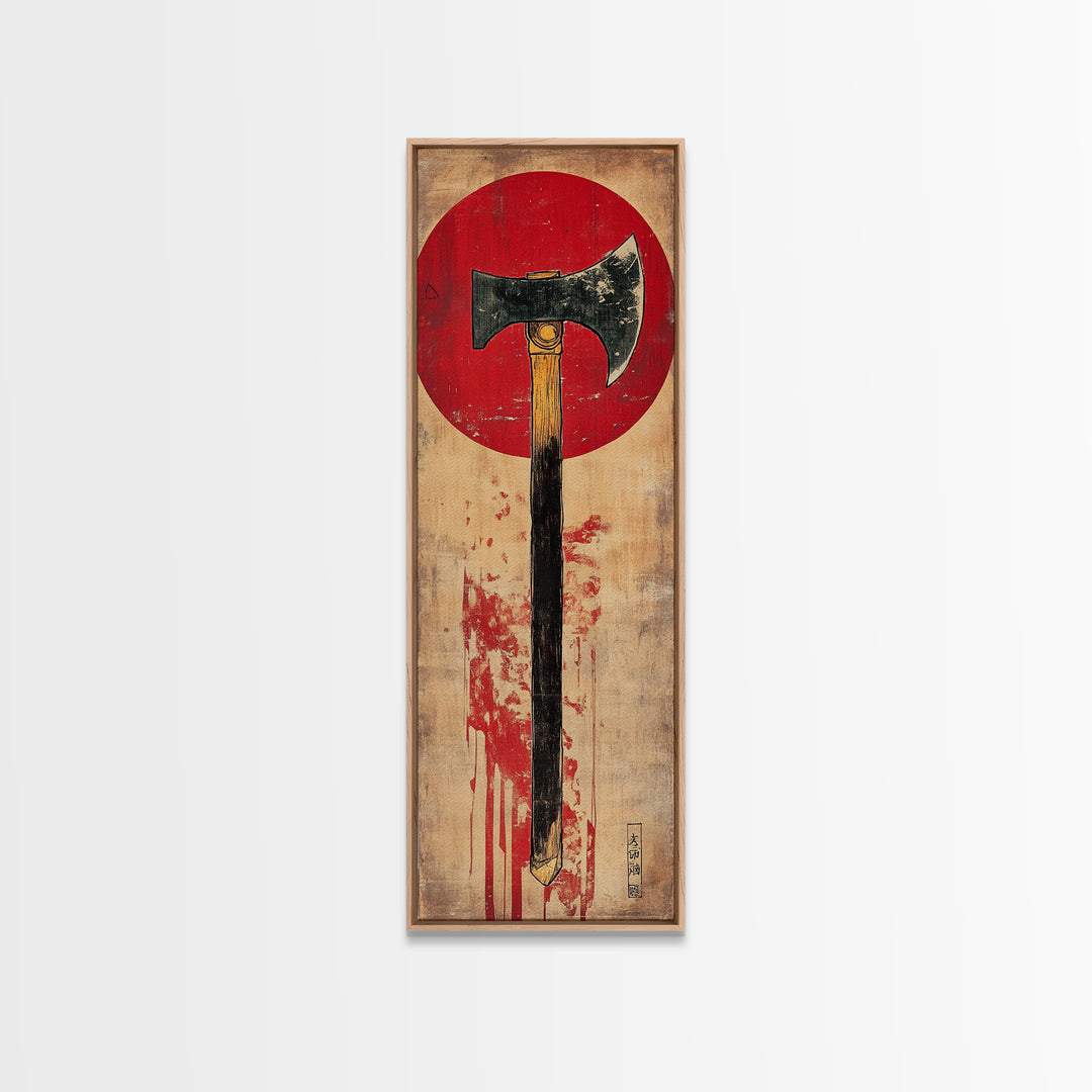 Rustic Axe Wall Art, Japanese Red Sun Tool Print, Samurai Inspired Decor, Masculine Office Decor, Framed Canvas Print, Gift For Him