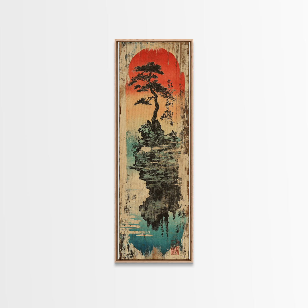 Japanese Bonsai Island Wall Art, Red Sun Zen Landscape Print, Japandi Wall Decor, Asian Inspired Canvas Print, Tranquil Decor