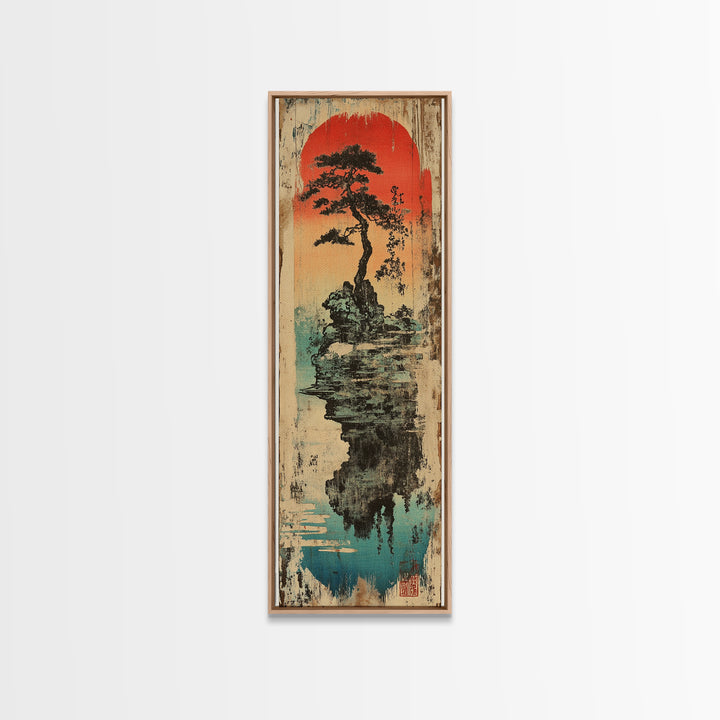 Japanese Bonsai Island Wall Art, Red Sun Zen Landscape Print, Japandi Wall Decor, Asian Inspired Canvas Print, Tranquil Decor