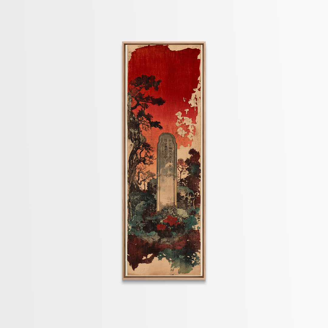 Ancient Stone Grave Under Crimson Sky Canvas Print, Gothic Japanese Wall Art, Dark Academia Decor, Moody Cemetery Artwork