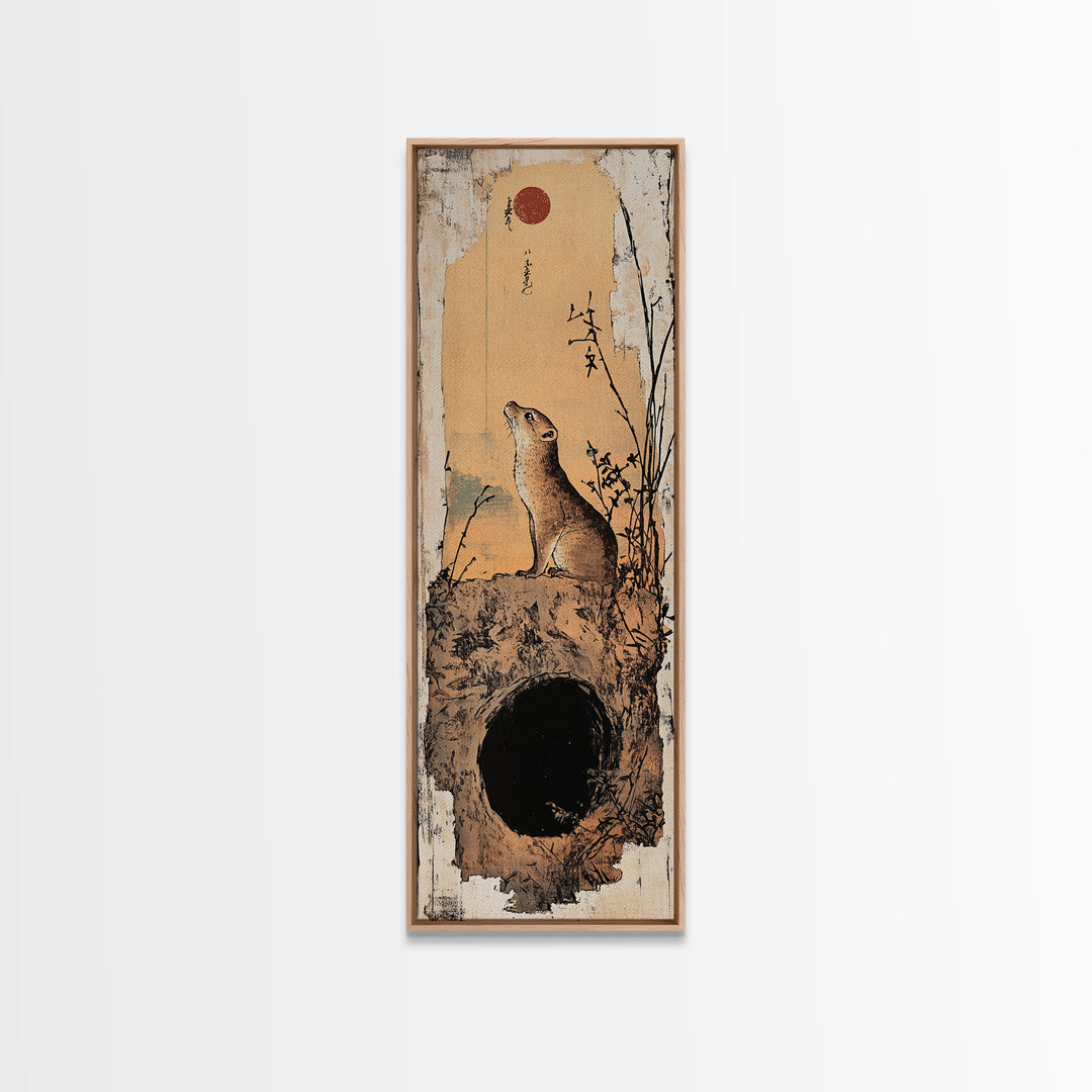 Prairie Dog At Burrow Under Red Moon Canvas Print, Whimsical Animal Wall Art, Japanese Nature Decor, Nursery Art Print, Kids Room Decor