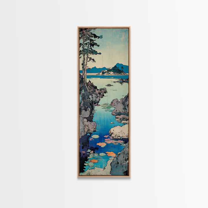 Rocky Coastal Cove Framed Canvas Print, Japanese Landscape Wall Art, Blue Ocean Decor, Serene Living Room Nature Art Print