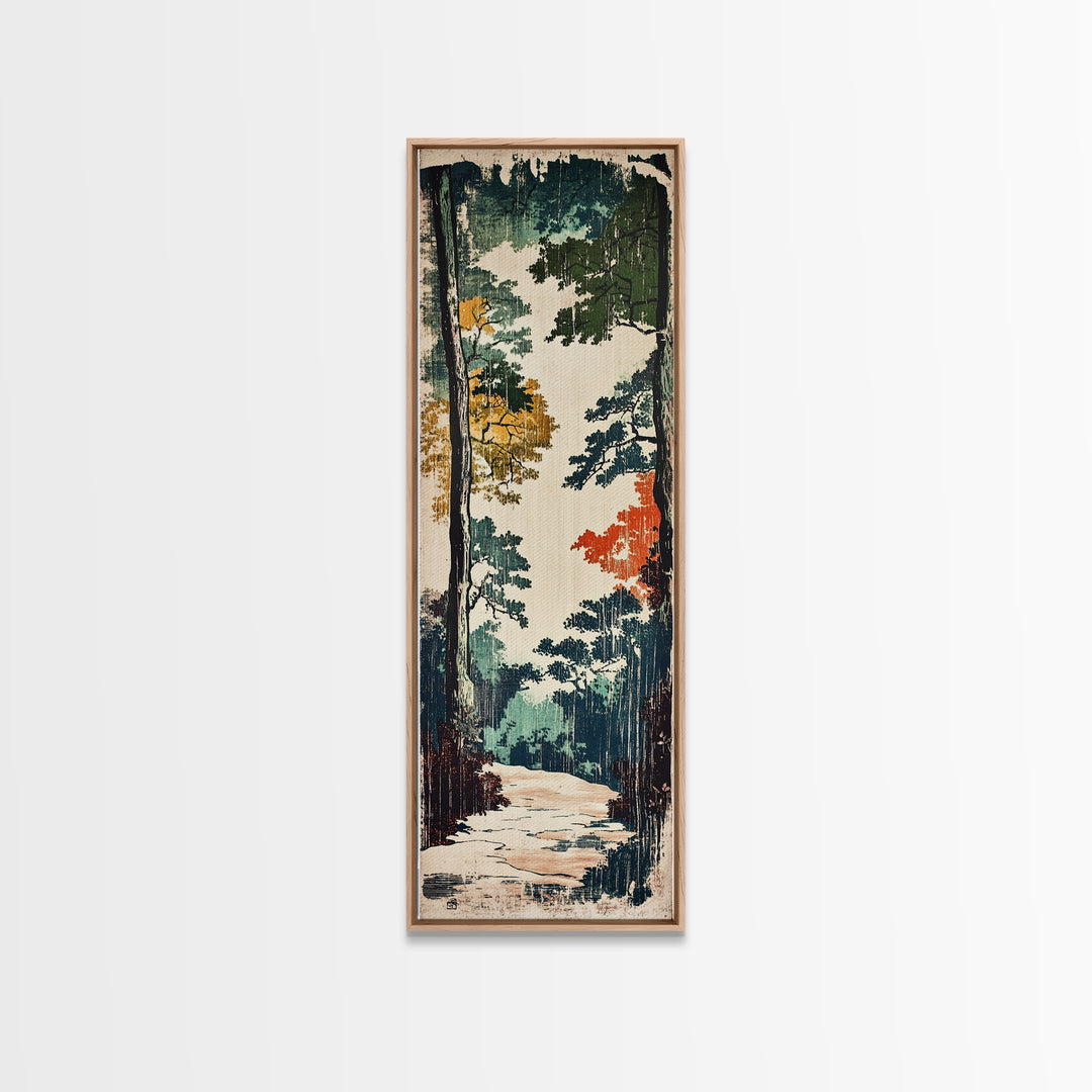 Autumn Forest Path Wall Art, Japanese Woodland Landscape Canvas, Rustic Cabin Decor, Nature Art Print For Living Room Decor
