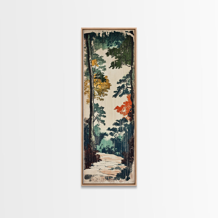 Autumn Forest Path Wall Art, Japanese Woodland Landscape Canvas, Rustic Cabin Decor, Nature Art Print For Living Room Decor