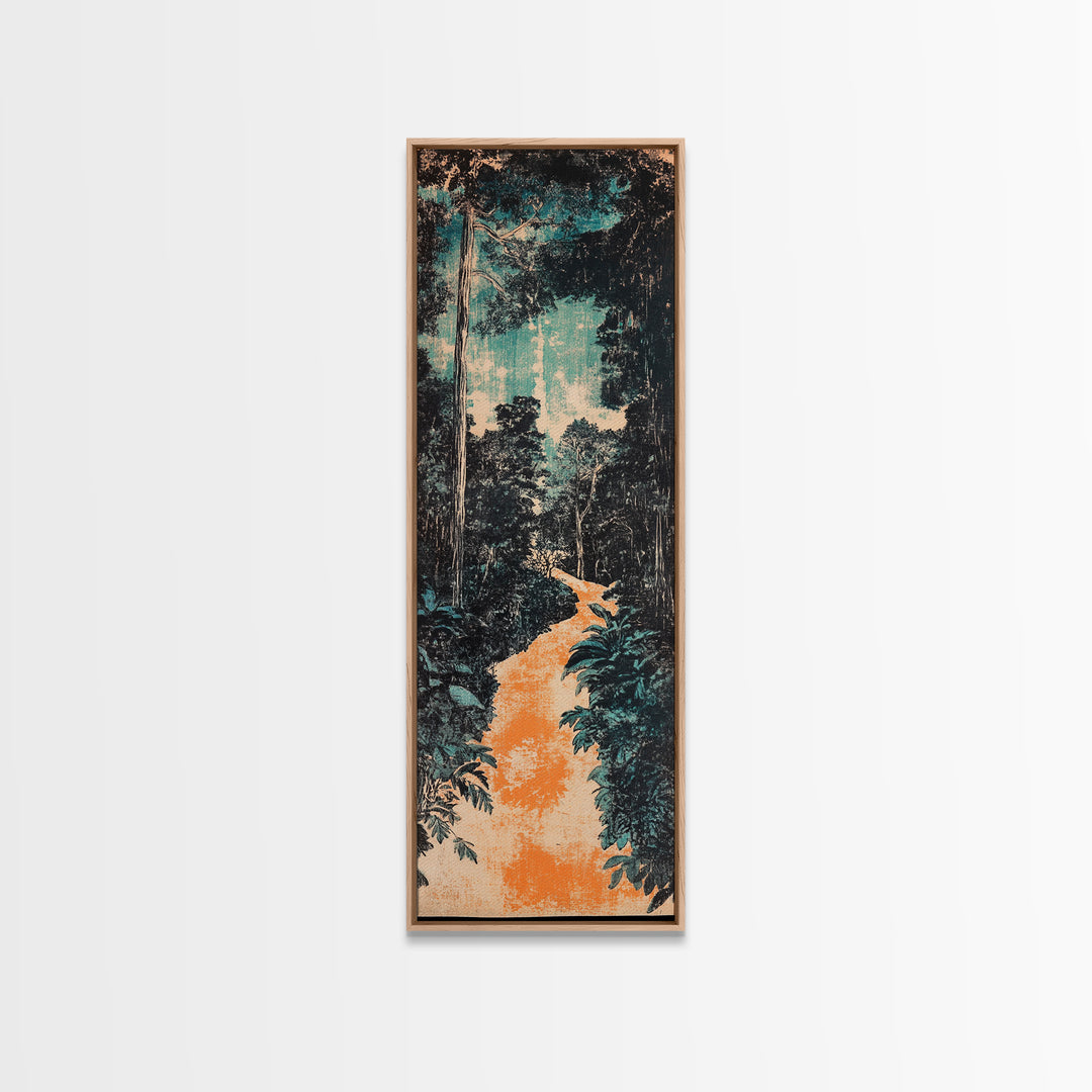 Teal Jungle Path At Dawn Wall Art, Japanese Landscape Print, Nature Wall Decor, Long Vertical Art, Moody Living Room Decor