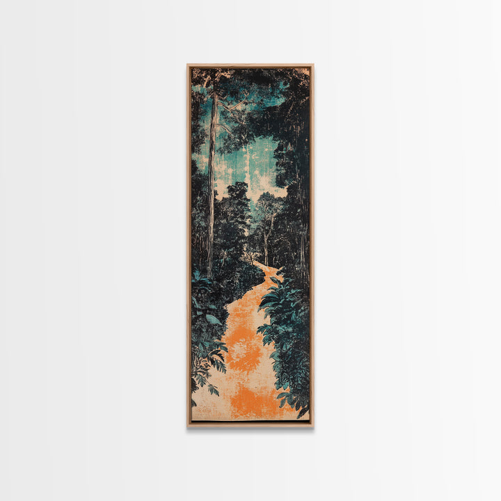 Teal Jungle Path At Dawn Wall Art, Japanese Landscape Print, Nature Wall Decor, Long Vertical Art, Moody Living Room Decor