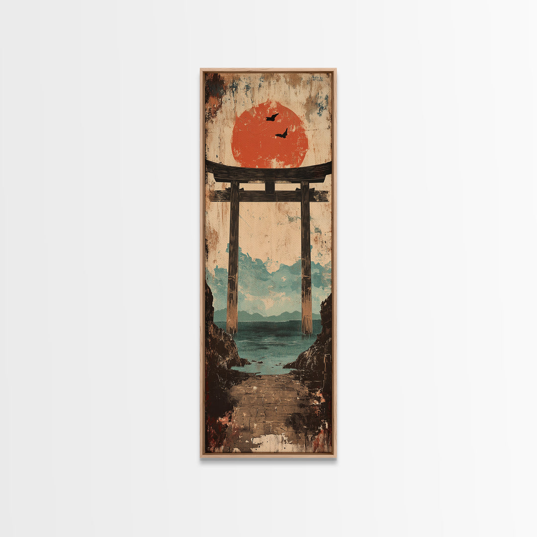Red Sun Torii Gate Over Sea Framed Canvas Print, Japanese Wall Art, Coastal Landscape, Zen Home Decor, Entryway Wall Decor