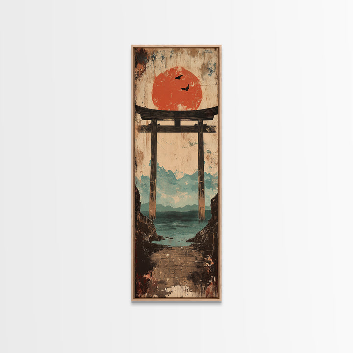 Red Sun Torii Gate Over Sea Framed Canvas Print, Japanese Wall Art, Coastal Landscape, Zen Home Decor, Entryway Wall Decor