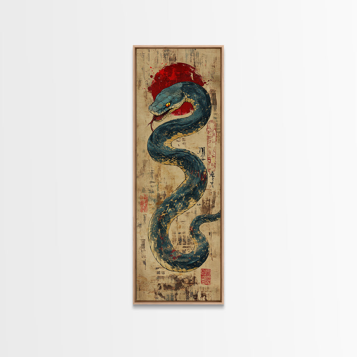 Blue Serpent With Red Sun Wall Art, Japanese Snake Illustration, Ukiyo-E Style Canvas Print, Mystical Asian Wall Decor, Office Decor