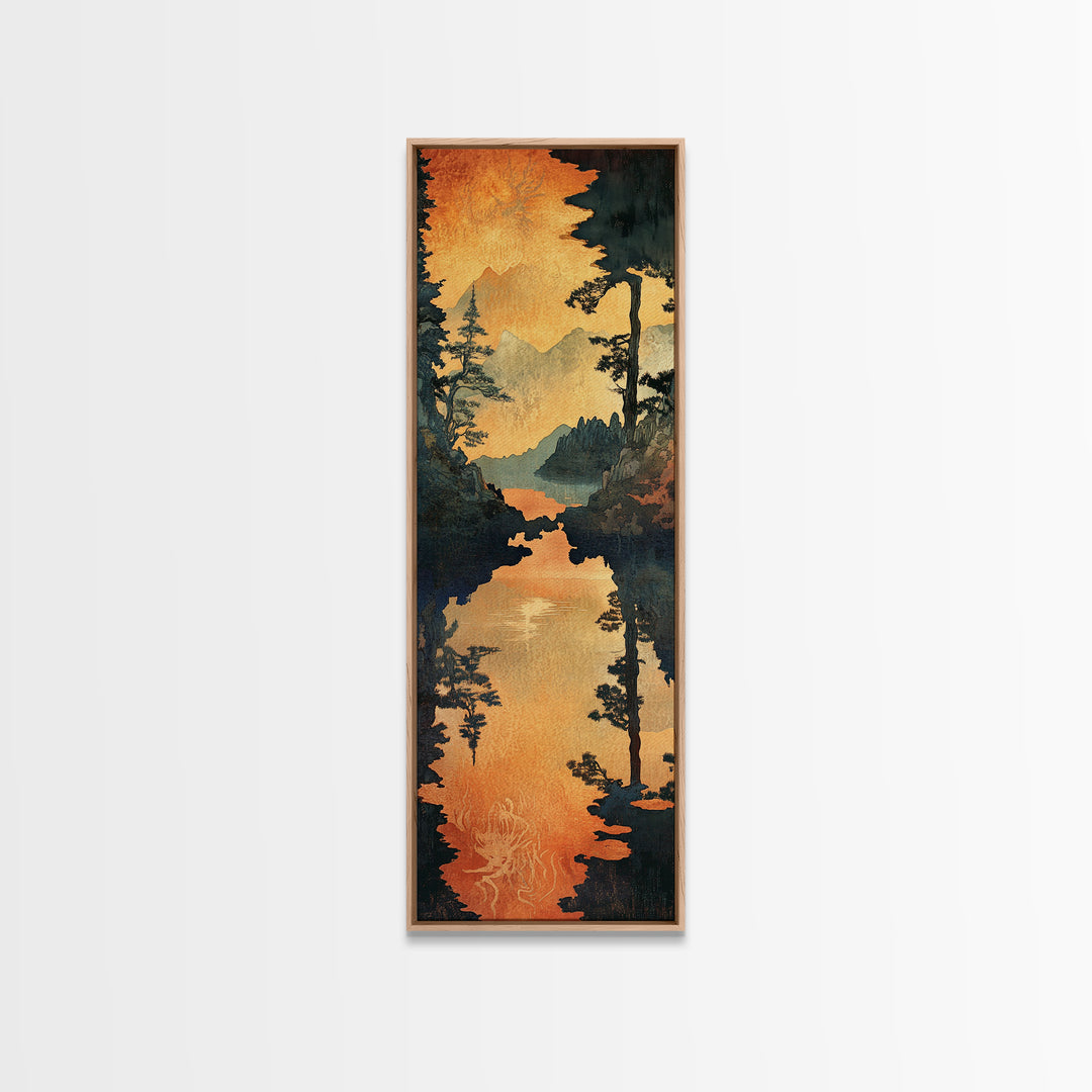 Golden Mountain Lake Sunset Wall Art, Pine Forest Landscape Canvas Print, Rustic Cabin Decor, Framed Canvas Print For Living Room