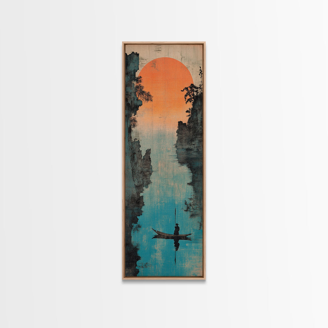 Misty River Canyon With Orange Sun Wall Art, Asian Landscape Canvas Print, Serene Fisherman Boat Framed Canvas Print Wall Decor