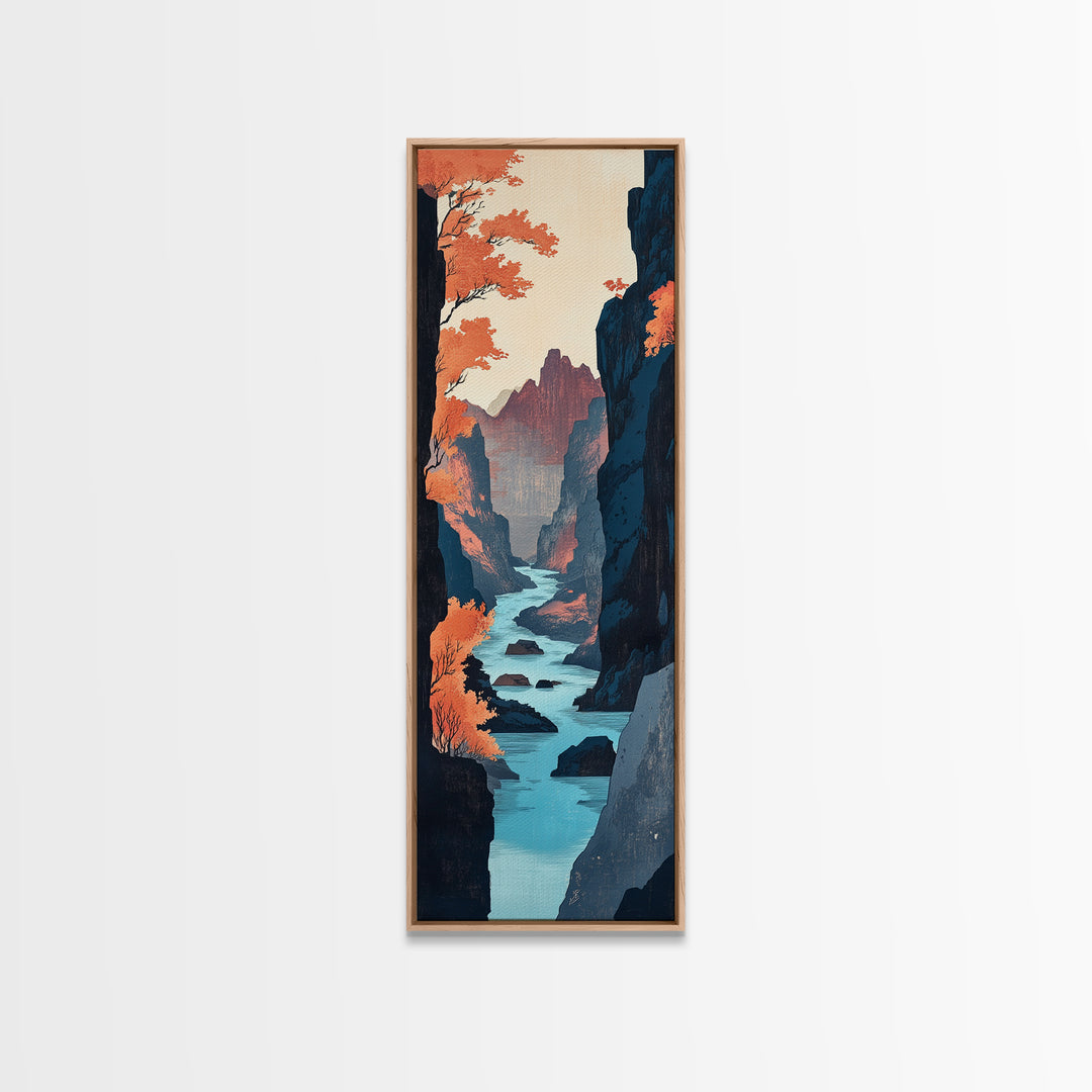 Autumn Canyon River Canvas Print, Japanese Landscape Wall Art, Orange Fall Trees, Moody Mountain Decor, Long Narrow Print