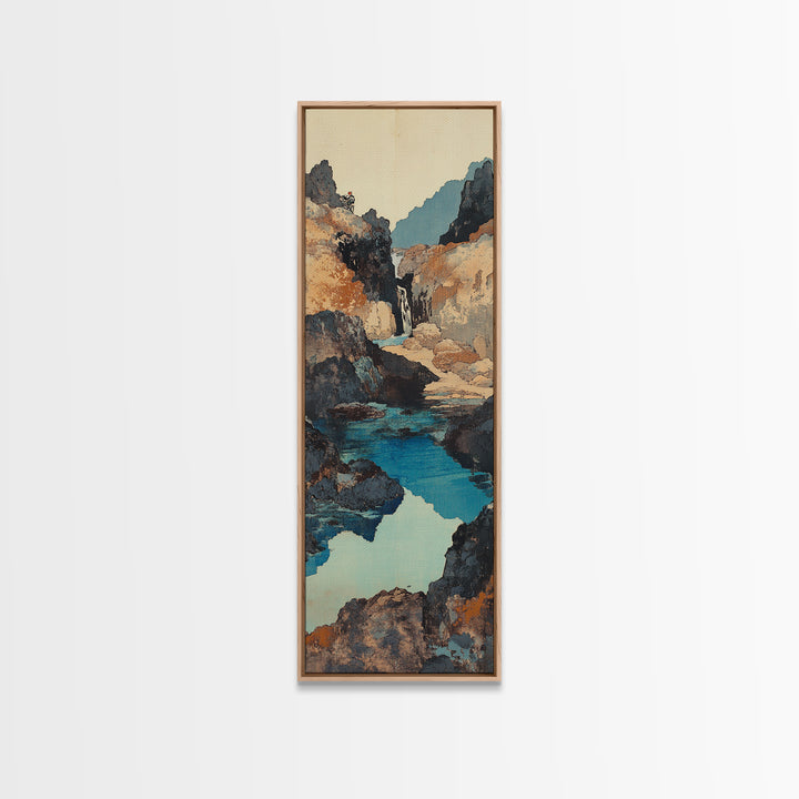 Turquoise Canyon Waterfall Framed Canvas Print, Mountain River Wall Art, Rustic Nature Decor, Japandi Long Narrow Wall Art