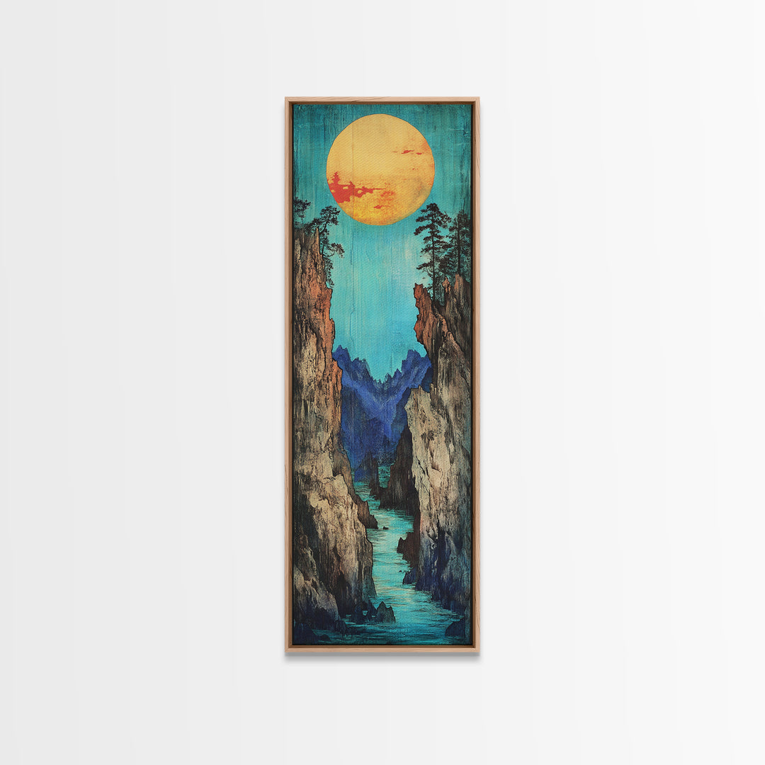 Turquoise Canyon River And Golden Sun Wall Art, Japanese Landscape Print, Japandi Wall Decor, Tall Canvas Art For Entryway