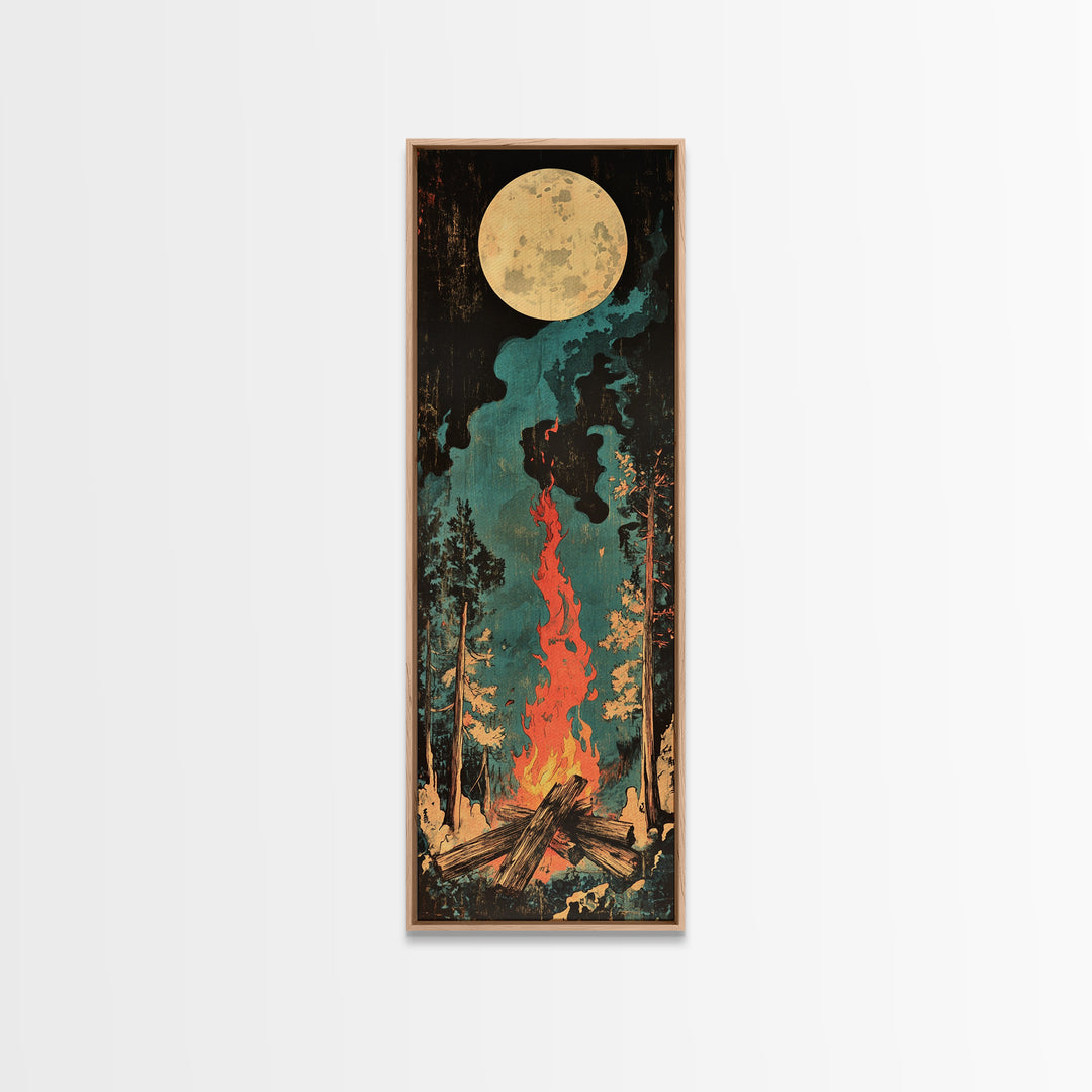 Full Moon Campfire Forest Wall Art, Dark Pine Woodland Canvas, Cozy Cabin Decor, Rustic Nature Print, Lodge Gift For Him