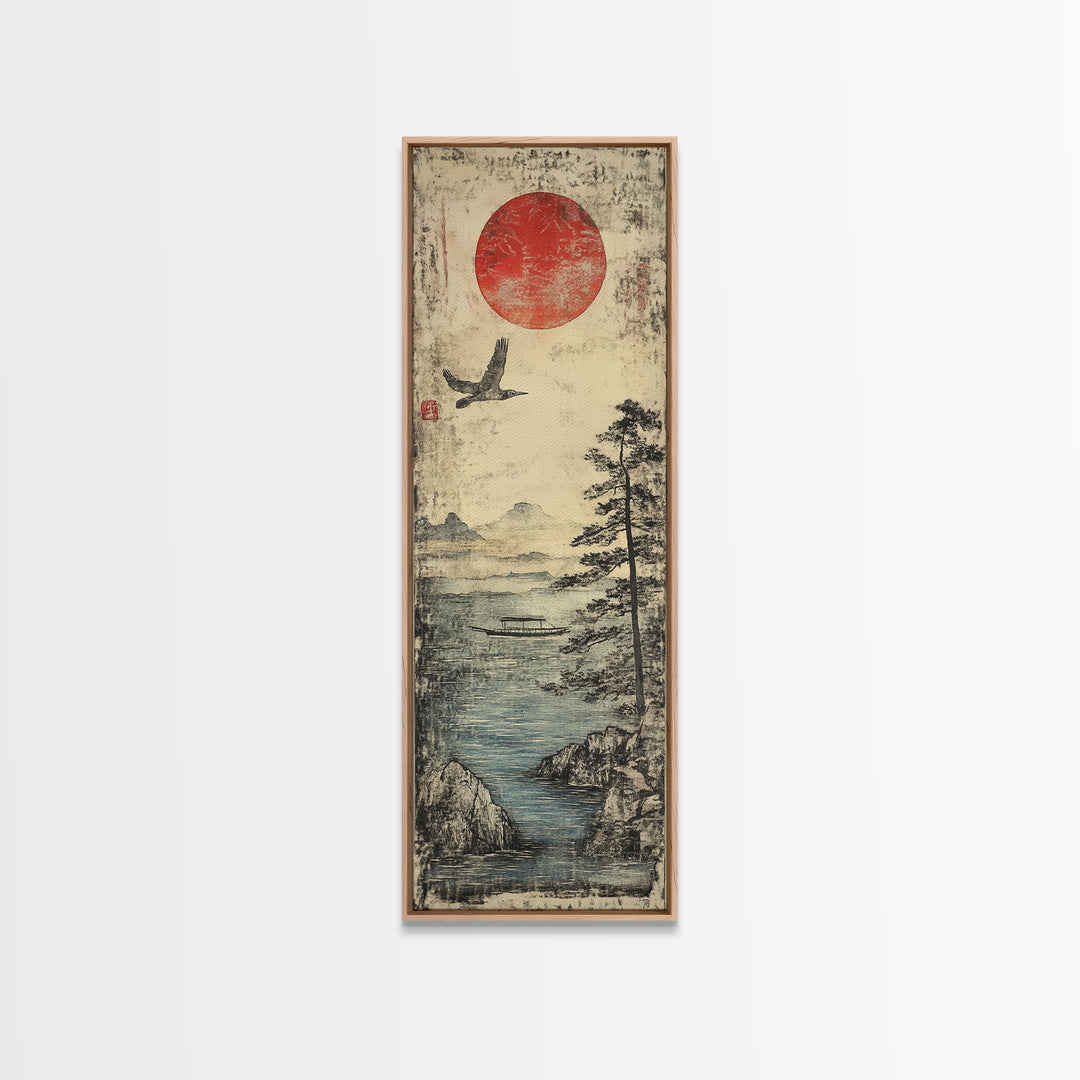 Red Sun Over Misty Coastal Lake Wall Art, Japanese Landscape Print, Crane Bird Scene, Zen Nature Decor For Living Room, Home Decor