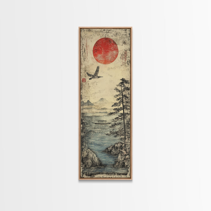 Red Sun Over Misty Coastal Lake Wall Art, Japanese Landscape Print, Crane Bird Scene, Zen Nature Decor For Living Room, Home Decor
