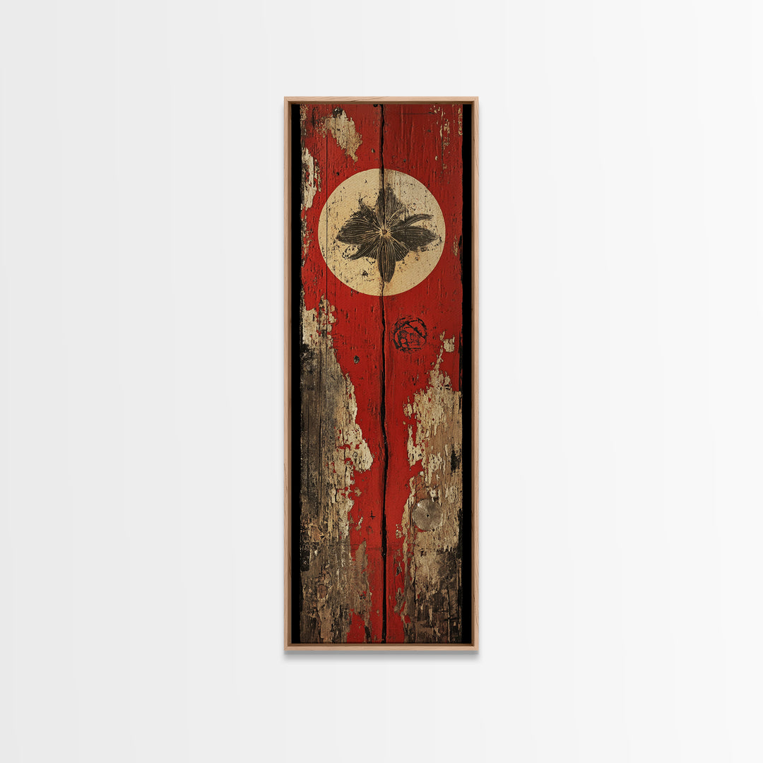 Rustic Red Door With White Sun Wall Art, Weathered Japanese Texture Print, Narrow Vertical Decor, Wabi Sabi Canvas Print