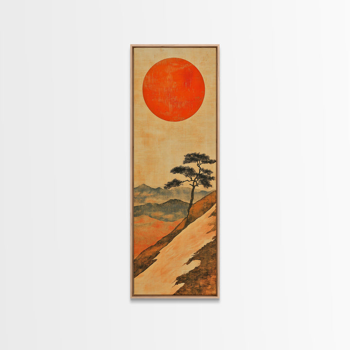Large Red Sun Over Mountain Ridge Canvas Print, Japanese Landscape Wall Art, Earth Tone Decor, Minimalist Nature Art Print