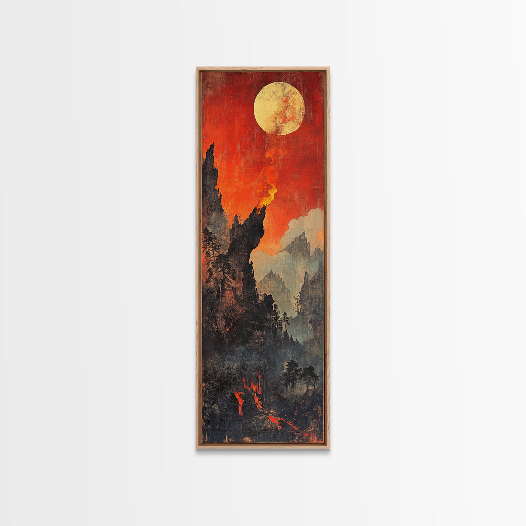 Fiery Moonlit Mountain Landscape Framed Canvas Print, Japanese Fantasy Wall Art, Moody Rustic Decor, Dramatic Nature Art