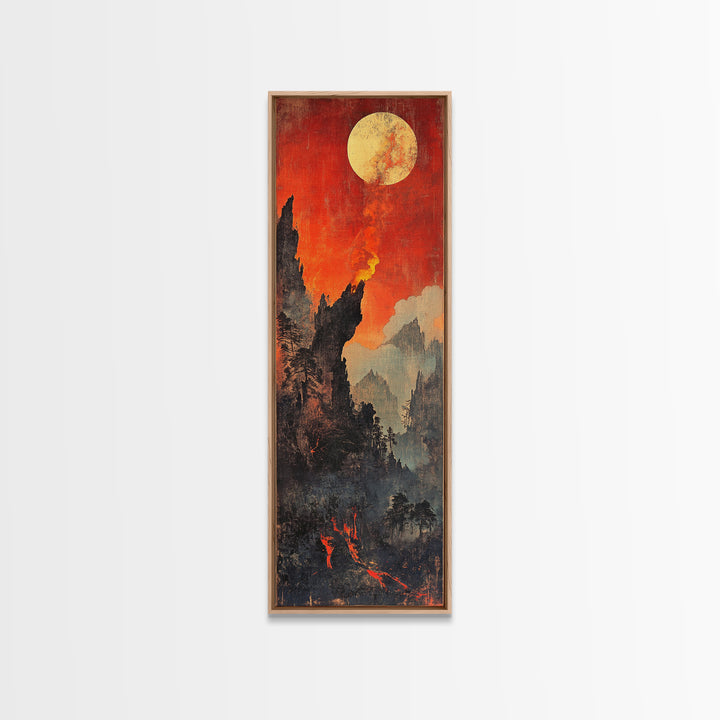Fiery Moonlit Mountain Landscape Framed Canvas Print, Japanese Fantasy Wall Art, Moody Rustic Decor, Dramatic Nature Art