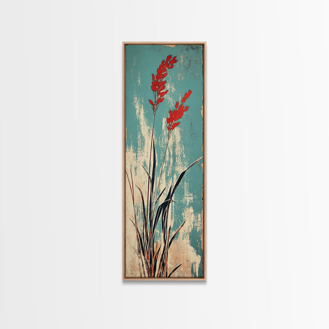 Red Coastal Grass Stems On Aqua Canvas Print, Japanese Botanical Wall Art, Minimalist Nature Decor, Modern Japandi Art Print