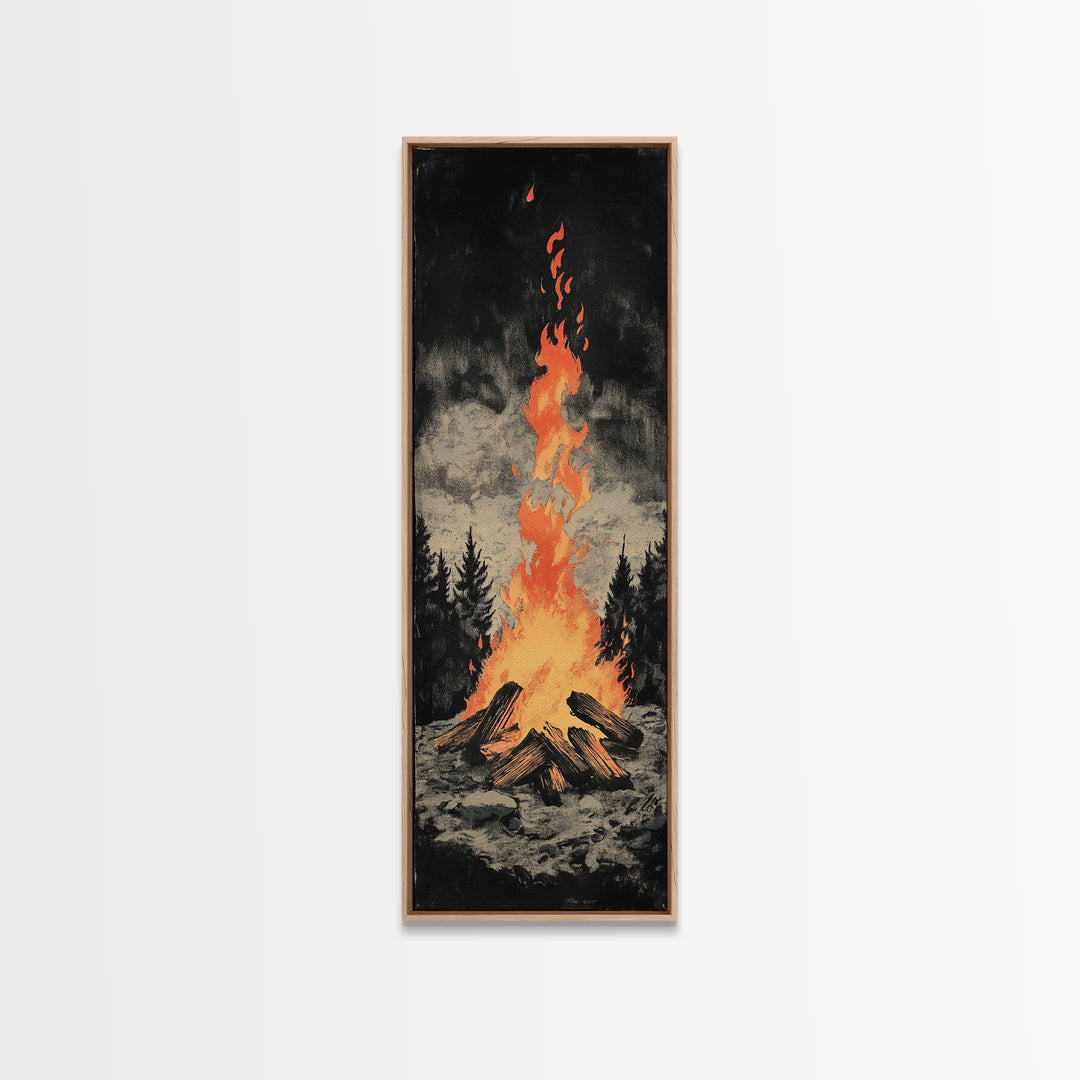 Glowing Campfire In Dark Pine Forest Framed Canvas Print, Rustic Cabin Wall Art, Cozy Lodge Decor, Moody Nature Art Print