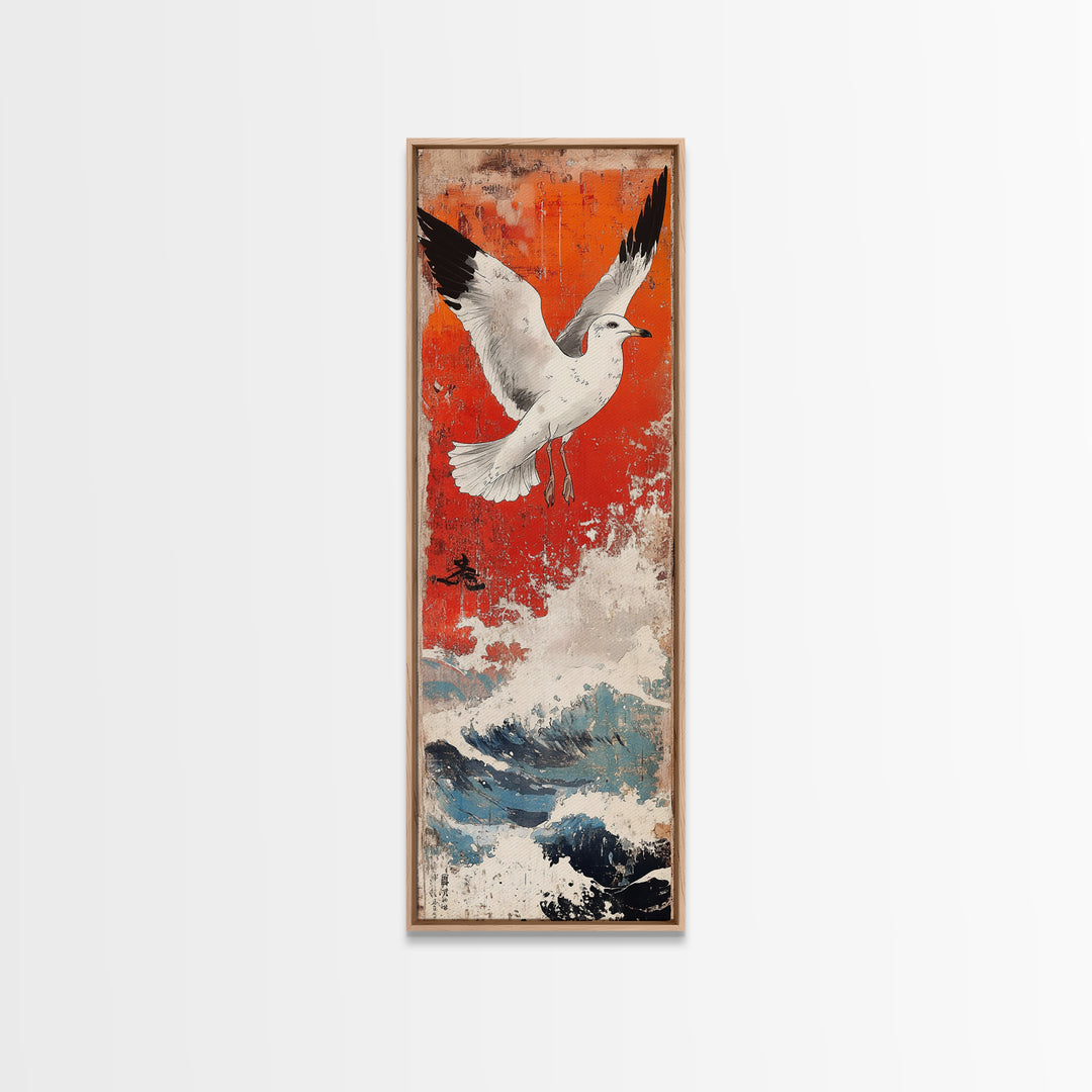 White Seagull Flying Over Ocean Waves Large Wall Art, Japanese Coastal Print, Nautical Beach House Decor, Seascape Art Print