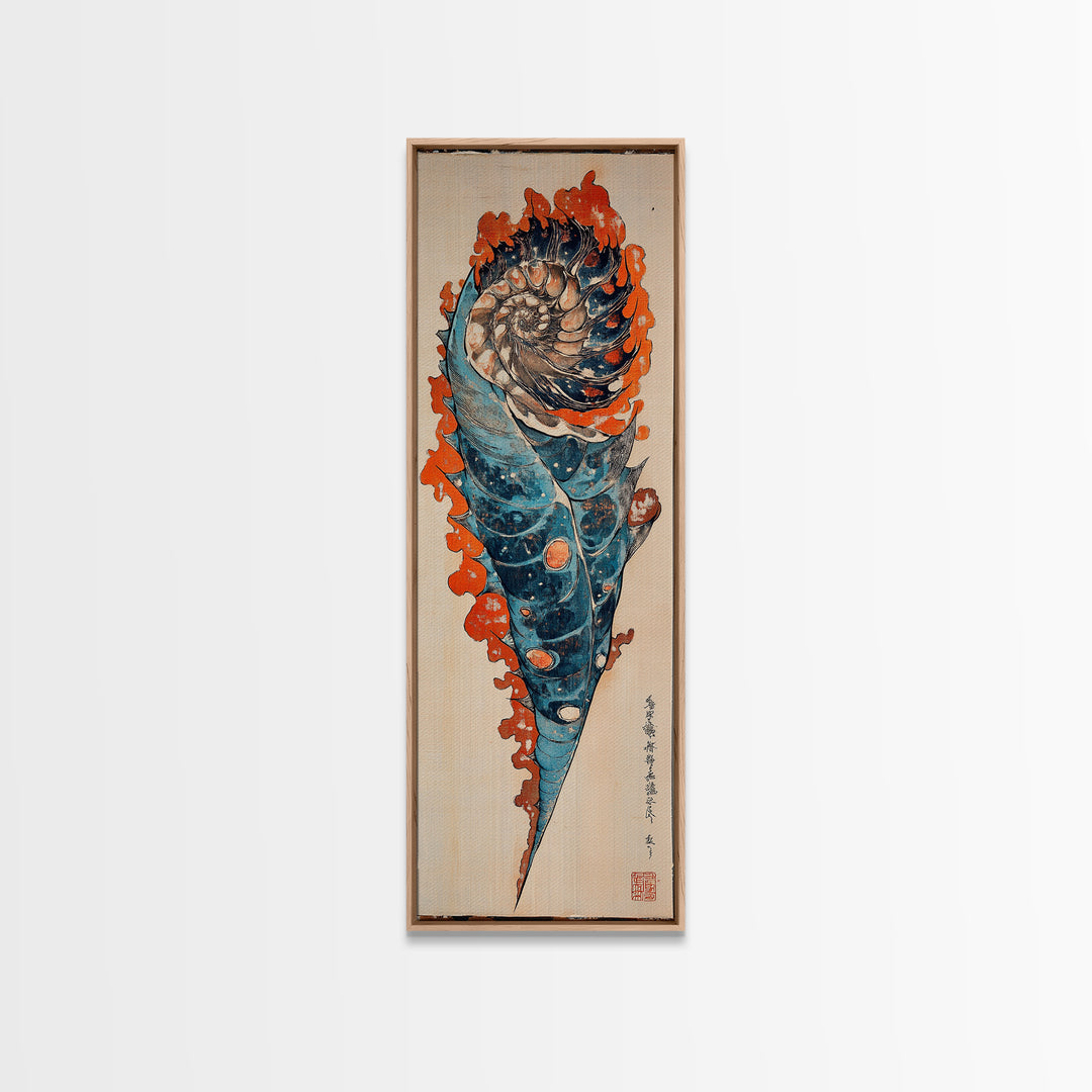 Blue Orange Spiral Seashell Wall Art, Japanese Woodblock Coastal Canvas Wall Decor, Nautical Ocean Print For Beach House