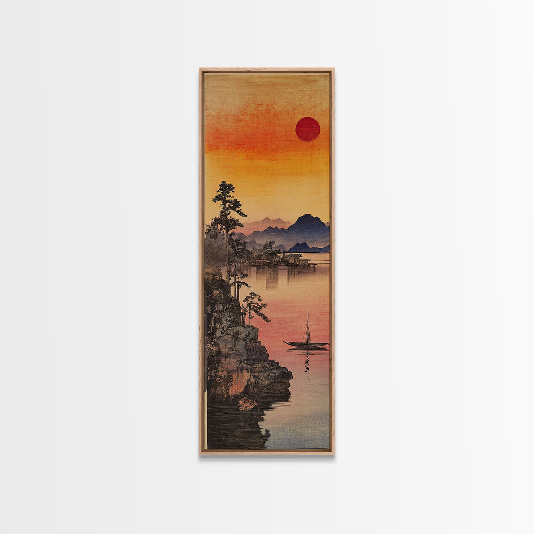 Orange Sunset Lake Mountain Wall Art, Japanese Landscape Print, Serene Nature Decor For Bedroom And Living Room, Framed Canvas Print
