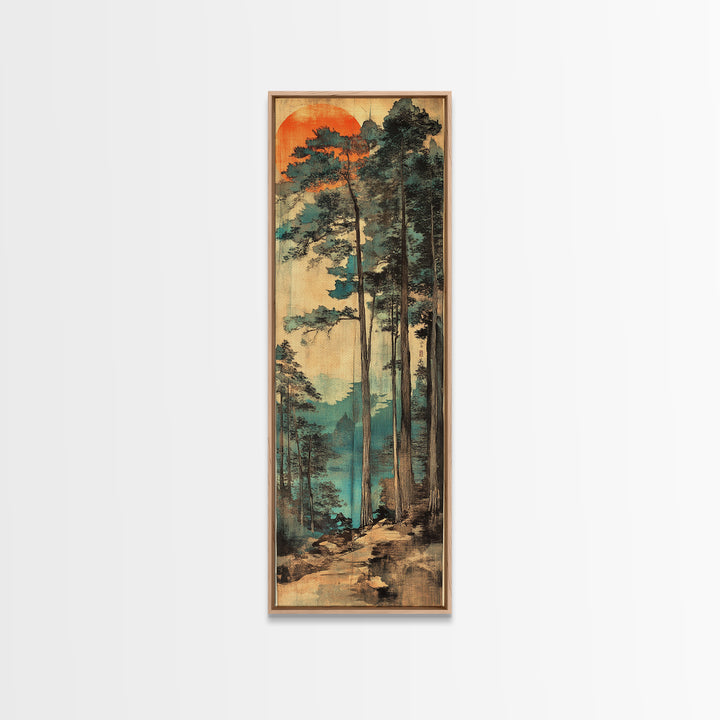 Tall Pine Forest Sunrise Wall Art, Japanese Woodblock Landscape Print, Misty Mountain Nature Decor For Living Room And Office Decor