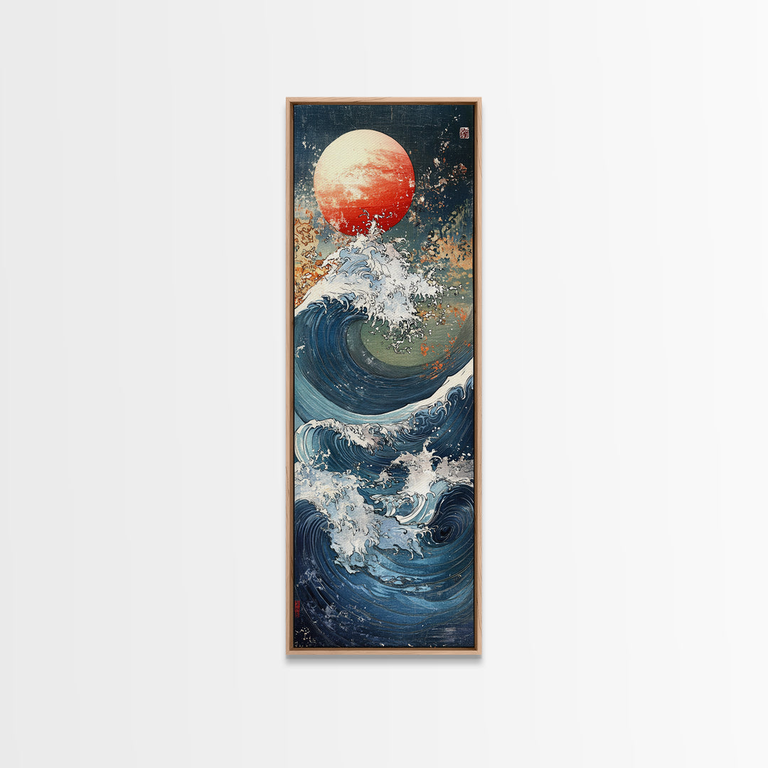Great Wave With Red Sun Framed Canvas Print, Japanese Wall Art, Ocean Seascape, Nautical Decor, Bold Coastal Gift, Living Room Wall Decor