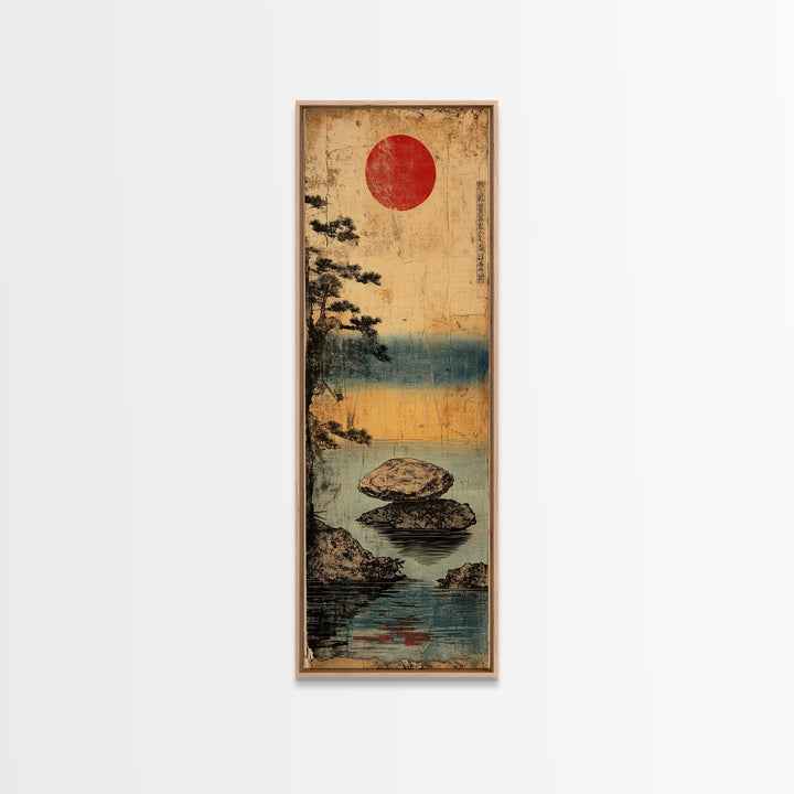 Misty Lake Rocks With Red Sun Wall Art, Japanese Landscape Print, Zen Coastal Decor, Japandi Living Room Wall Decor Gift