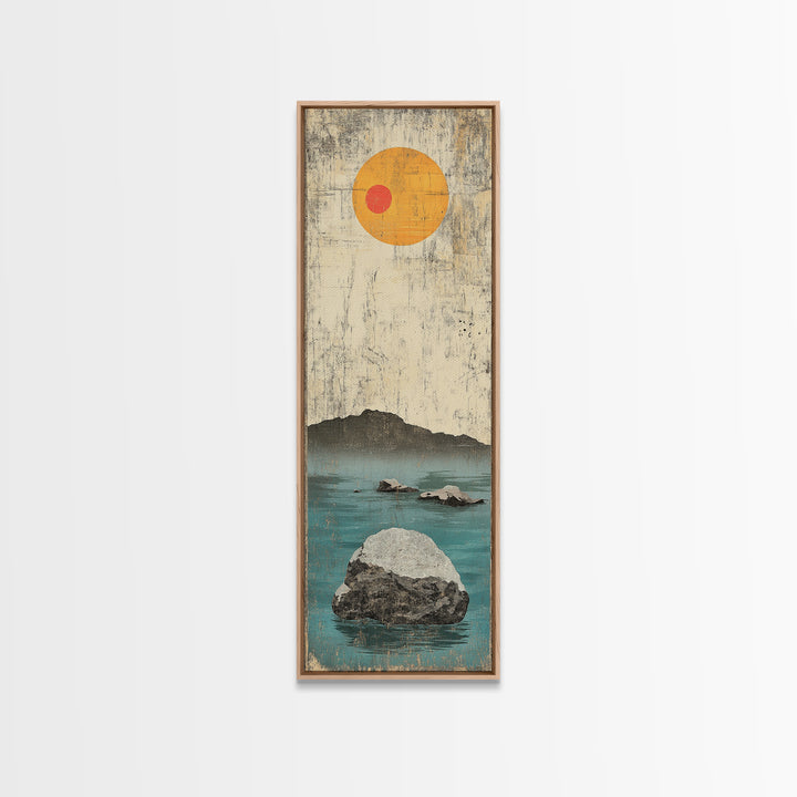 Minimal Ocean Rocks Beneath Yellow Sun Canvas Print, Japanese Seascape Wall Art, Neutral Coastal Decor, Zen Home Decor Gift