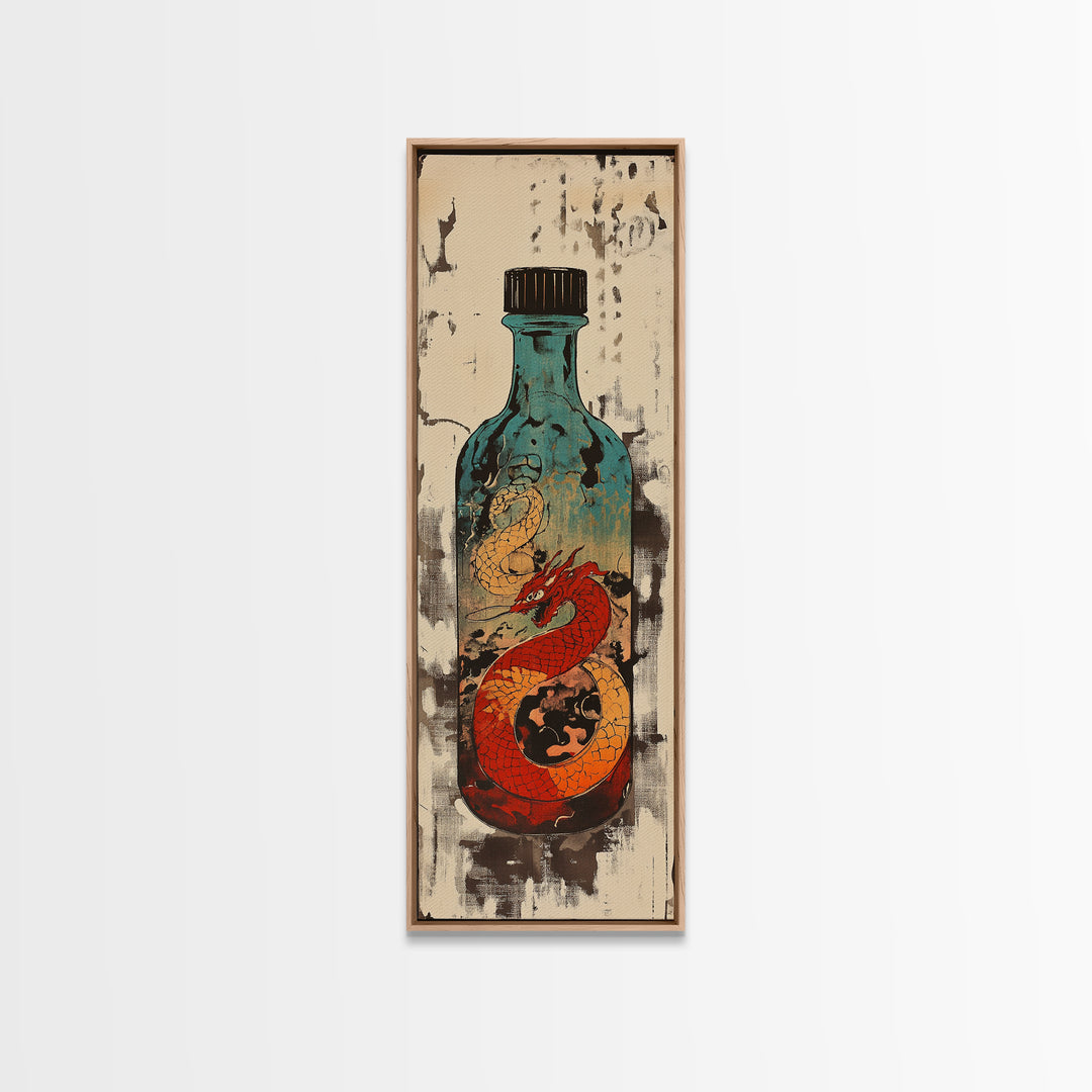 Red Dragon In Glass Bottle Wall Art, Japanese Fantasy Ocean Print, Nautical Decor, Unique Gift For Him, Asian Art, Statement Wall Decor