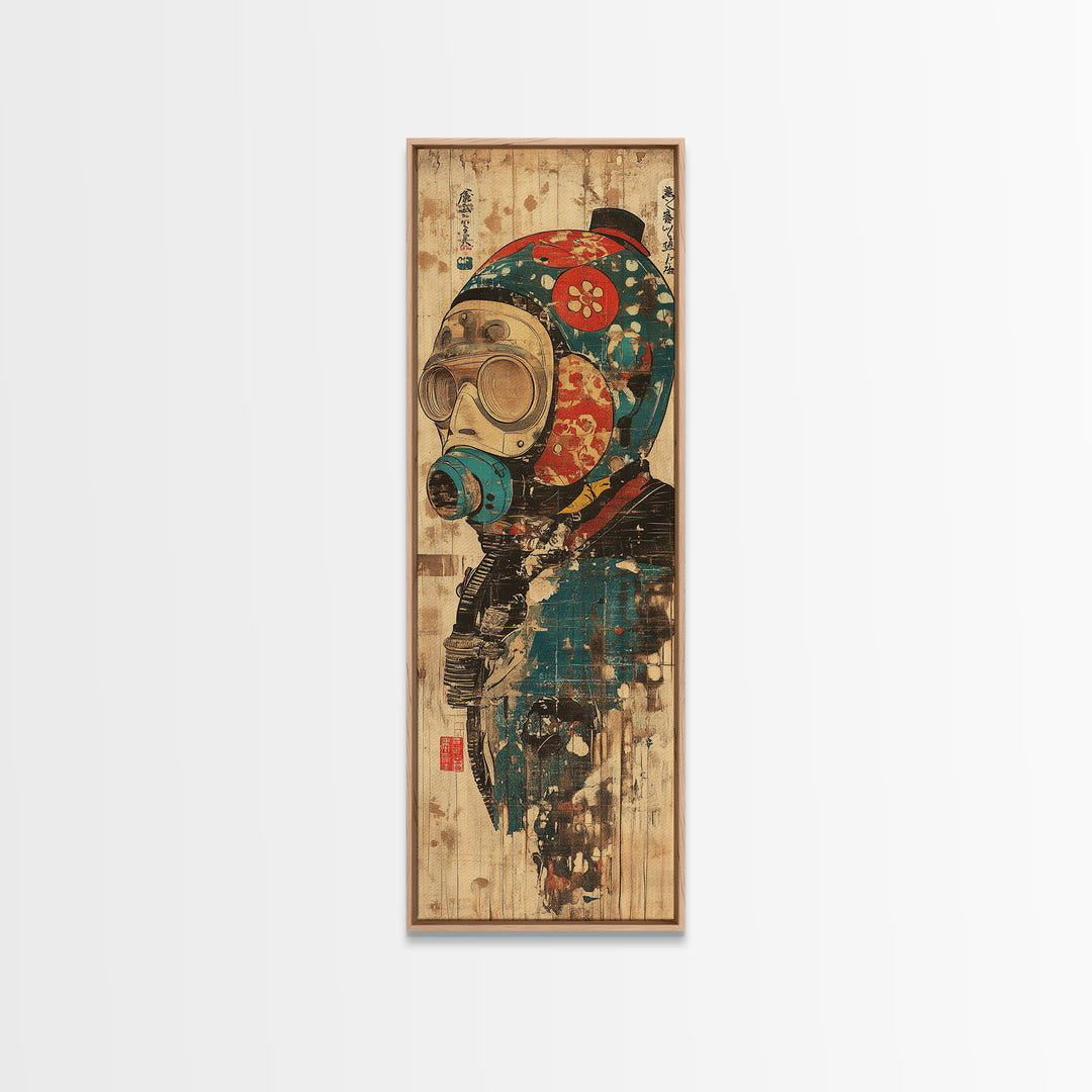Steampunk Gas Mask Diver Helmet Framed Canvas Print, Japanese Cyberpunk Wall Art, Industrial Decor, Sci Fi Gift For Him Poster