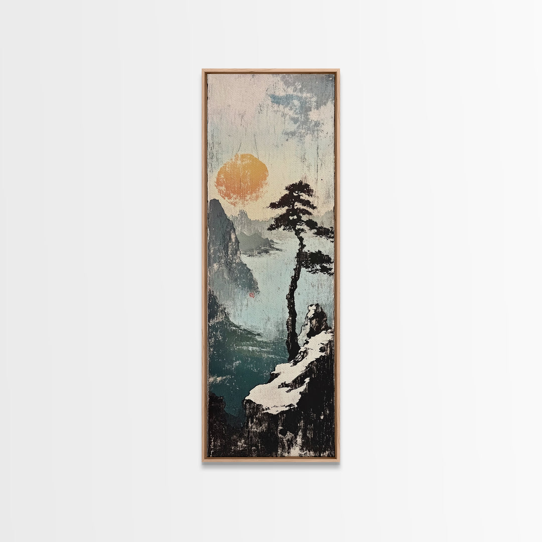 Misty Cliff Pine Lake Canvas Print, Japanese Landscape Wall Art, Neutral Nature Poster, Zen Home Decor, Office Wall Decor